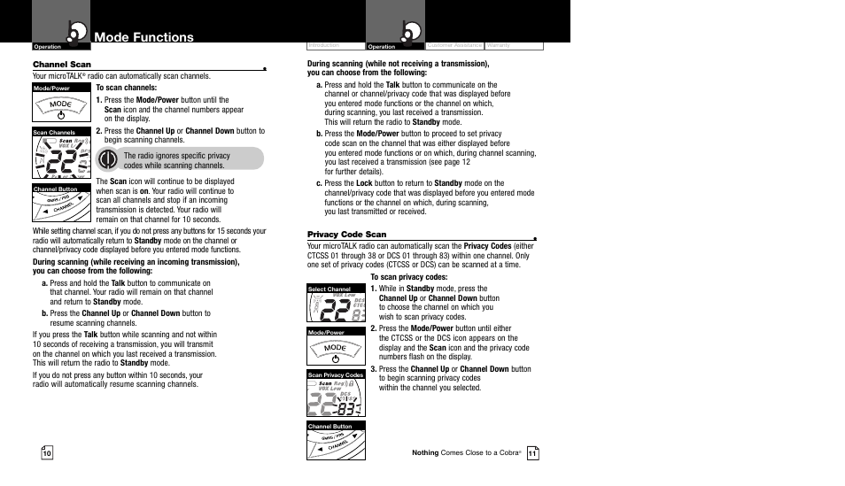 Mode functions | Cobra Electronics CXT94 User Manual | Page 8 / 11