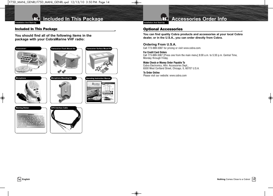 Accessories order info, Included in this package | Cobra Electronics MARINE MR F75-D User Manual | Page 10 / 42