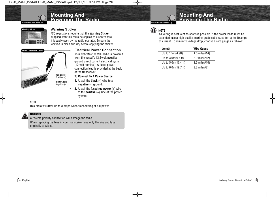 Mounting and powering the radio | Cobra Electronics MARINE MR F75-D User Manual | Page 12 / 42