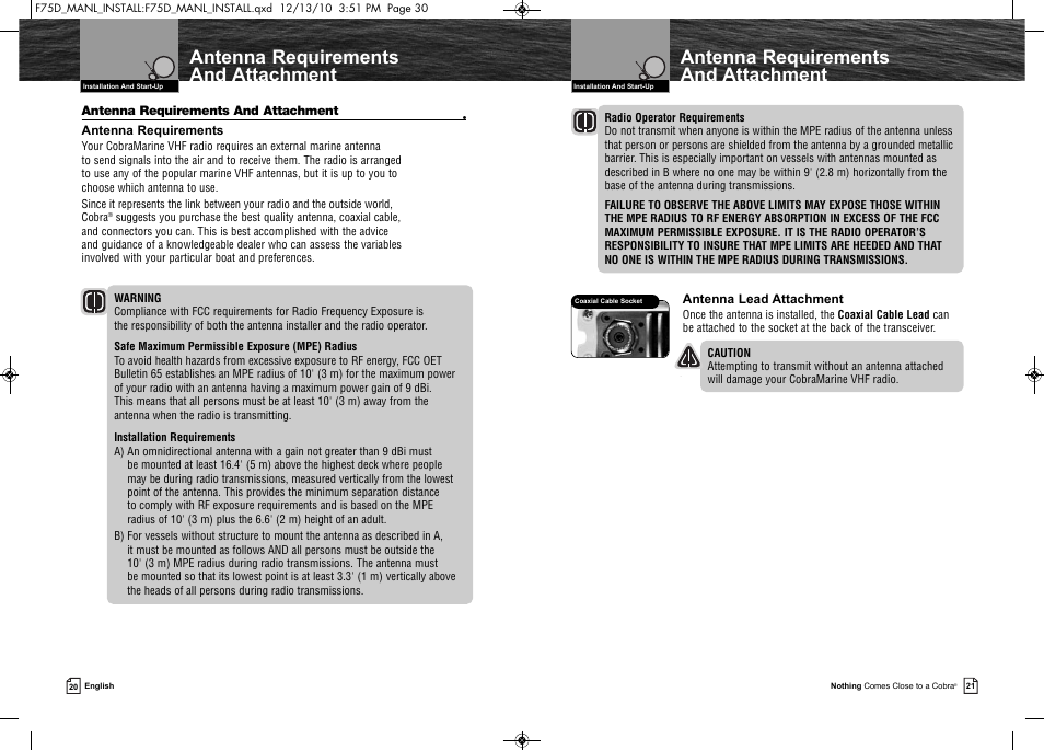 Antenna requirements and attachment | Cobra Electronics MARINE MR F75-D User Manual | Page 13 / 42