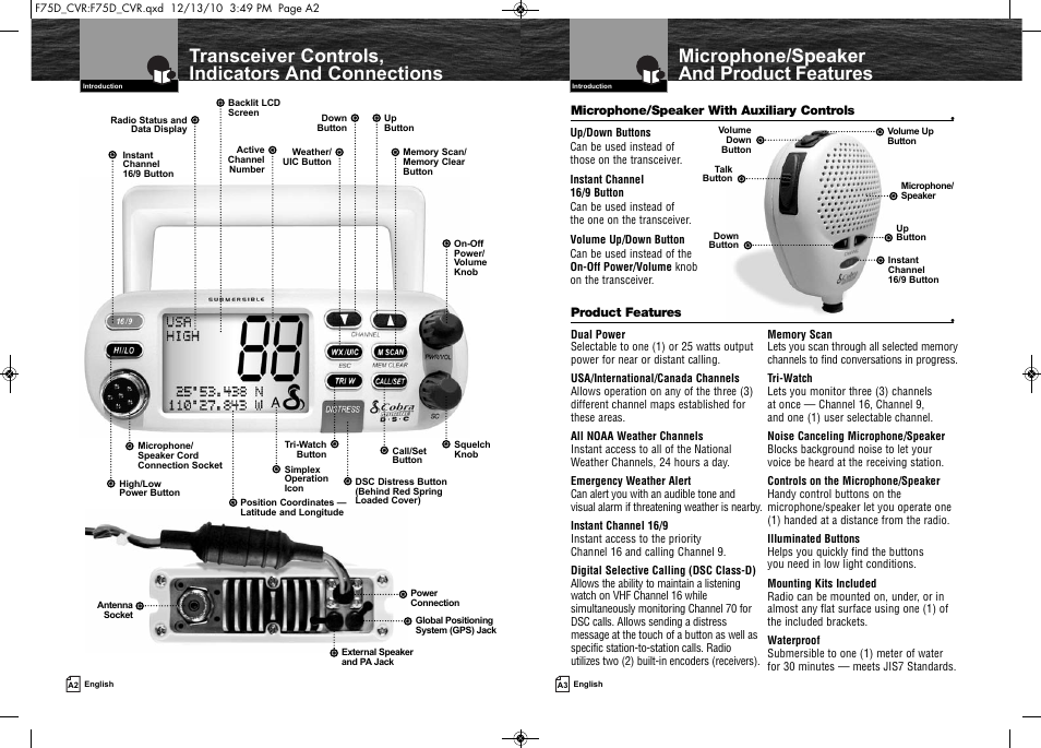 Microphone/speaker and product features, Transceiver controls, indicators and connections | Cobra Electronics MARINE MR F75-D User Manual | Page 2 / 42