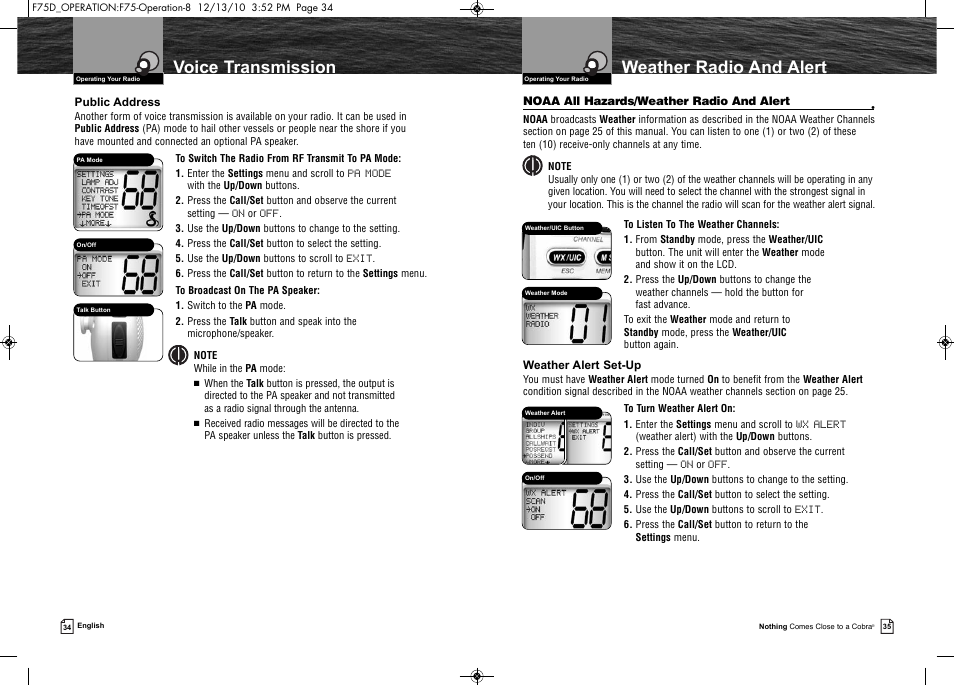 Voice transmission, Weather radio and alert | Cobra Electronics MARINE MR F75-D User Manual | Page 20 / 42