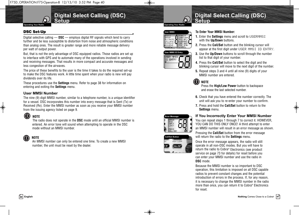 Digital select calling (dsc) setup | Cobra Electronics MARINE MR F75-D User Manual | Page 23 / 42