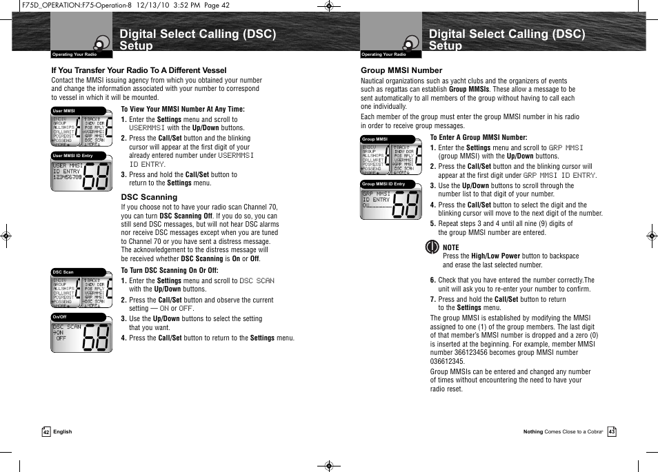 Digital select calling (dsc) setup | Cobra Electronics MARINE MR F75-D User Manual | Page 24 / 42
