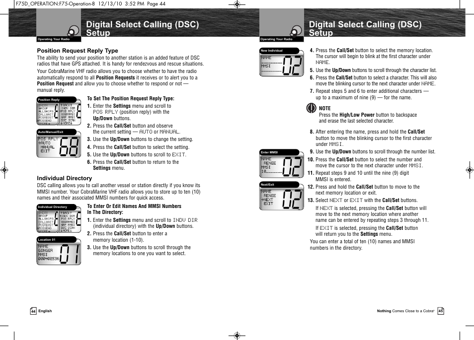Digital select calling (dsc) setup | Cobra Electronics MARINE MR F75-D User Manual | Page 25 / 42