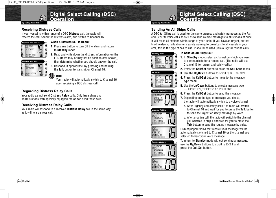 Digital select calling (dsc) operation | Cobra Electronics MARINE MR F75-D User Manual | Page 27 / 42