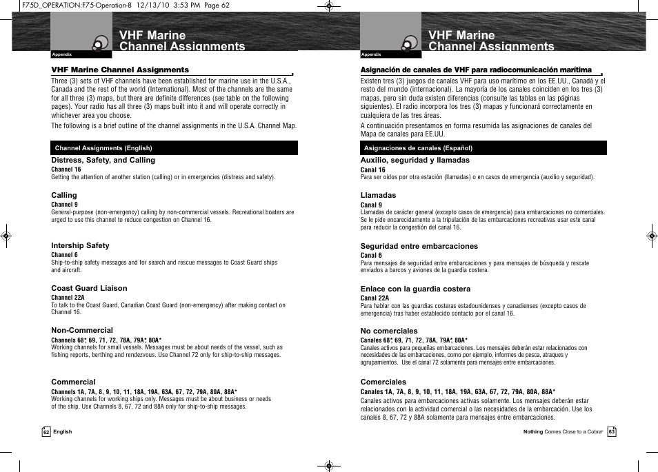 Vhf marine channel assignments | Cobra Electronics MARINE MR F75-D User Manual | Page 34 / 42