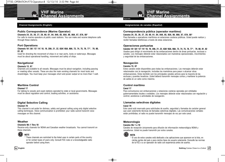 Vhf marine channel assignments | Cobra Electronics MARINE MR F75-D User Manual | Page 35 / 42