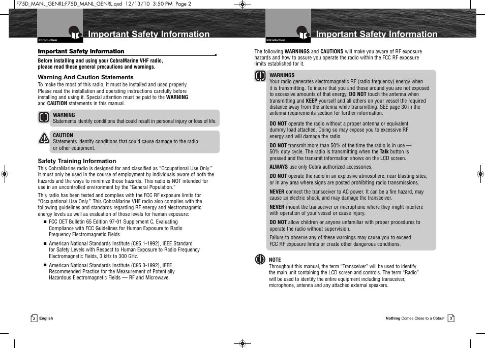 Important safety information | Cobra Electronics MARINE MR F75-D User Manual | Page 4 / 42