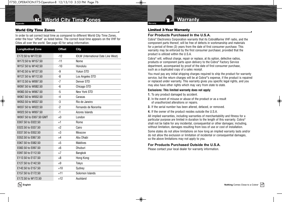 Warranty, World city time zones | Cobra Electronics MARINE MR F75-D User Manual | Page 41 / 42