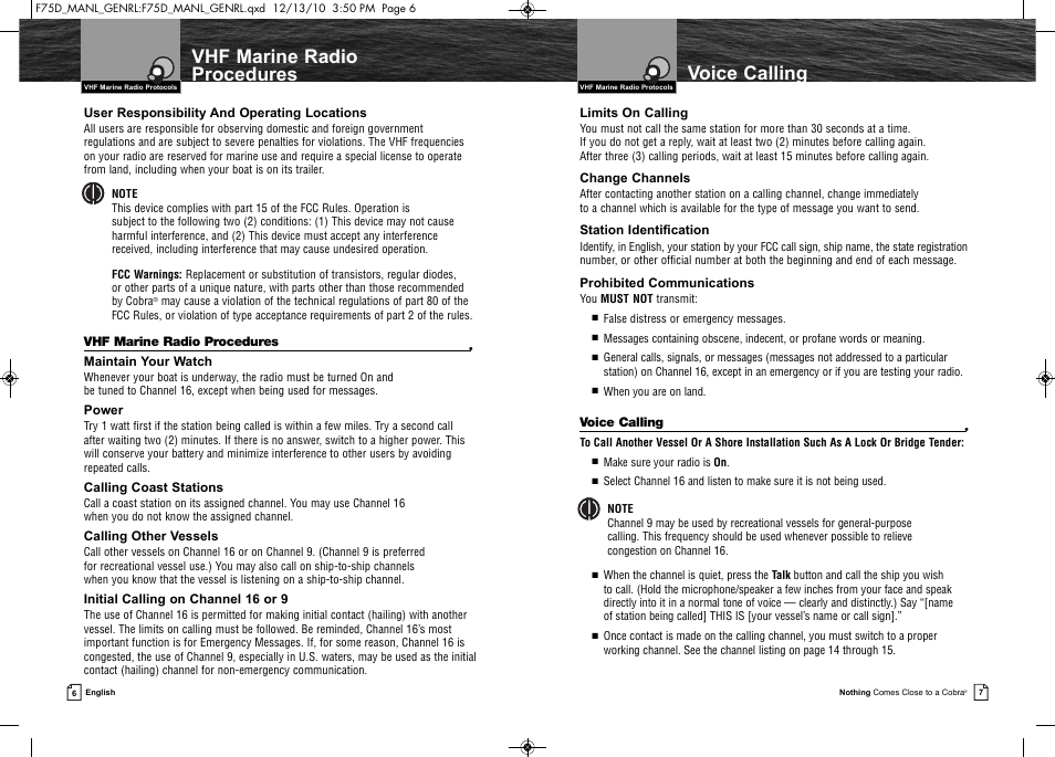 Vhf marine radio procedures voice calling | Cobra Electronics MARINE MR F75-D User Manual | Page 6 / 42