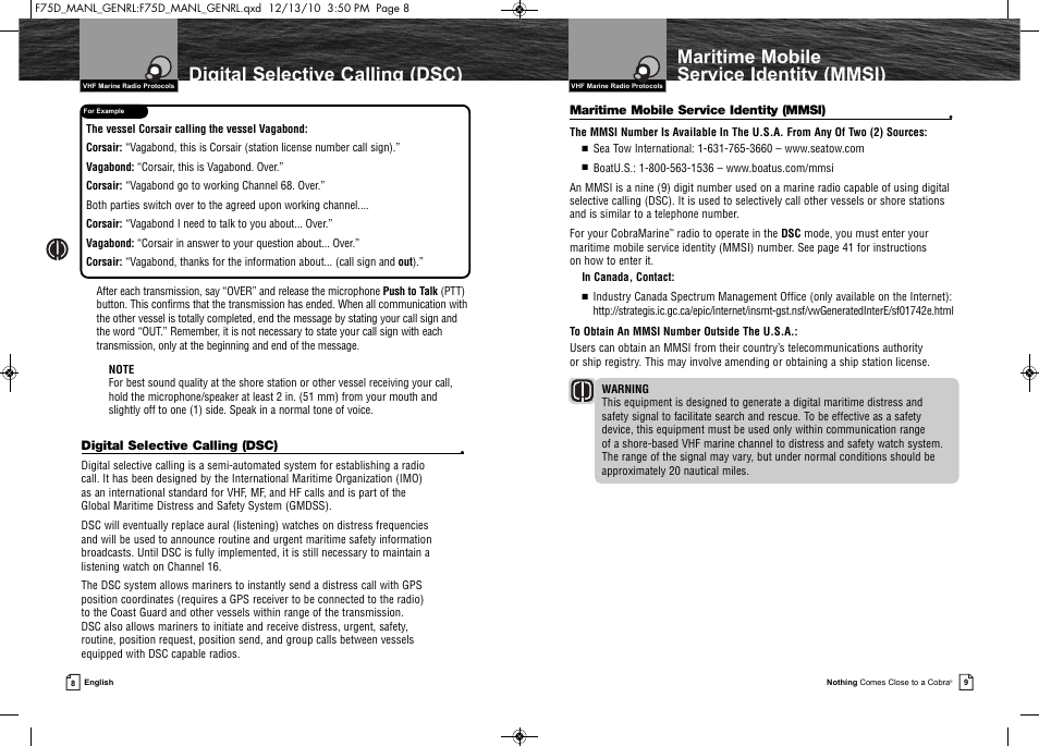 Maritime mobile service identity (mmsi), Digital selective calling (dsc) | Cobra Electronics MARINE MR F75-D User Manual | Page 7 / 42