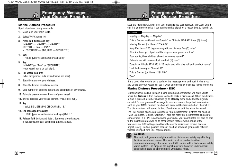 Emergency messages and distress procedure | Cobra Electronics MARINE MR F75-D User Manual | Page 9 / 42