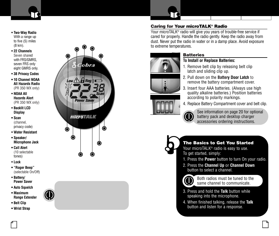 Installing batteries, Basic operation, Product features | Cobra Electronics PR350WX User Manual | Page 5 / 31