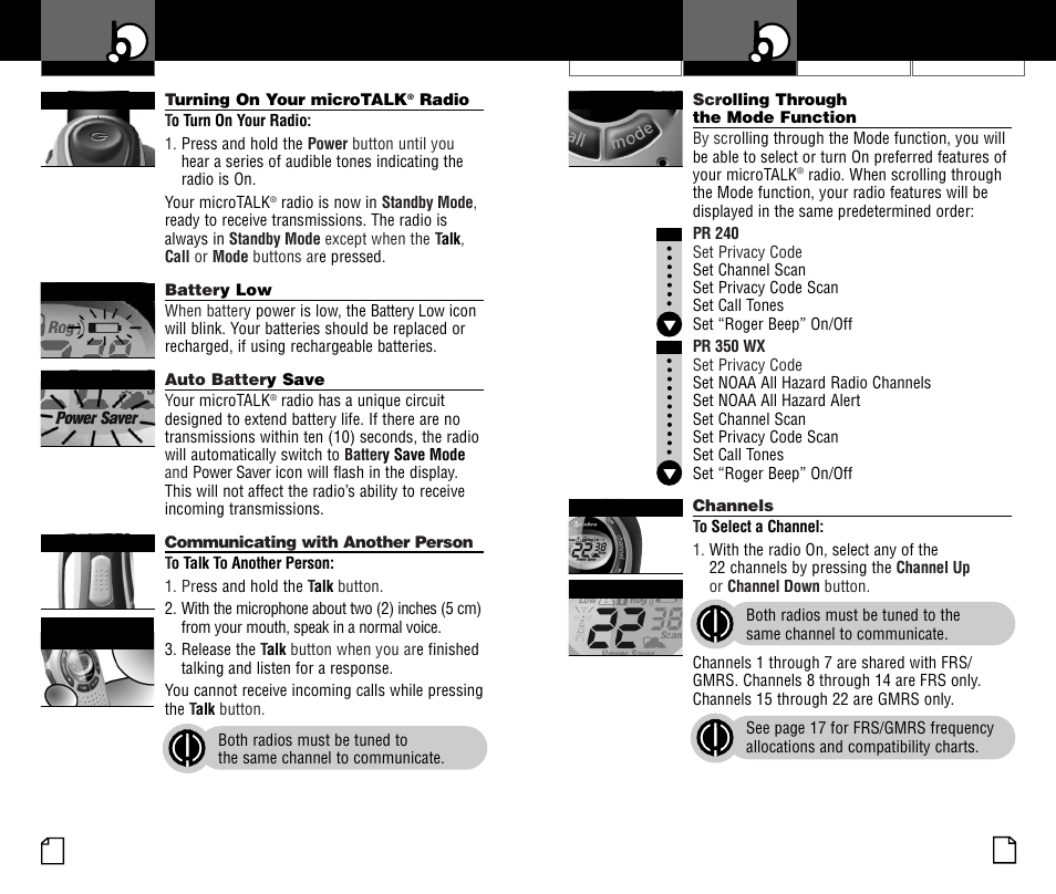 Operation, Power on, Talking | Using your radio | Cobra Electronics PR350WX User Manual | Page 6 / 31