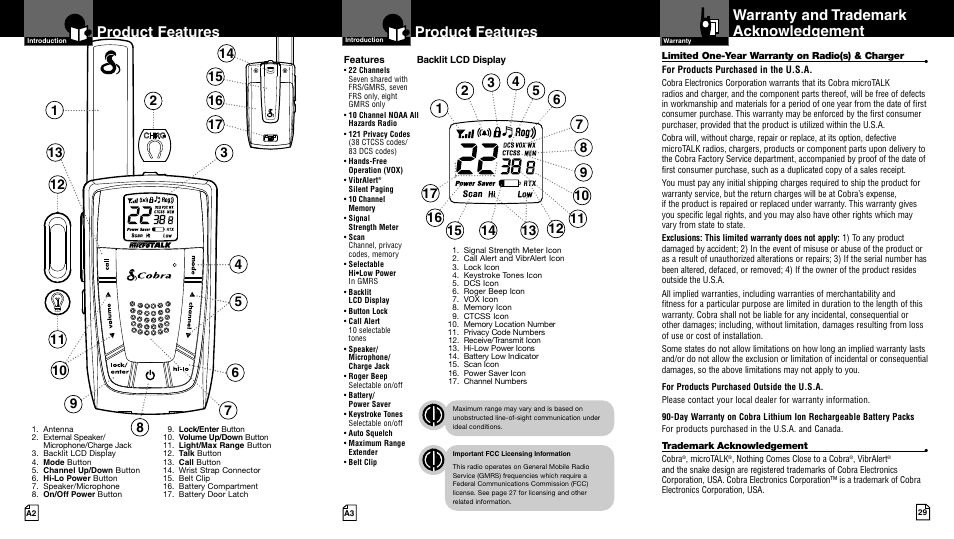 Product features, Warranty and trademark acknowledgement | Cobra Electronics LI 4900WX User Manual | Page 2 / 17