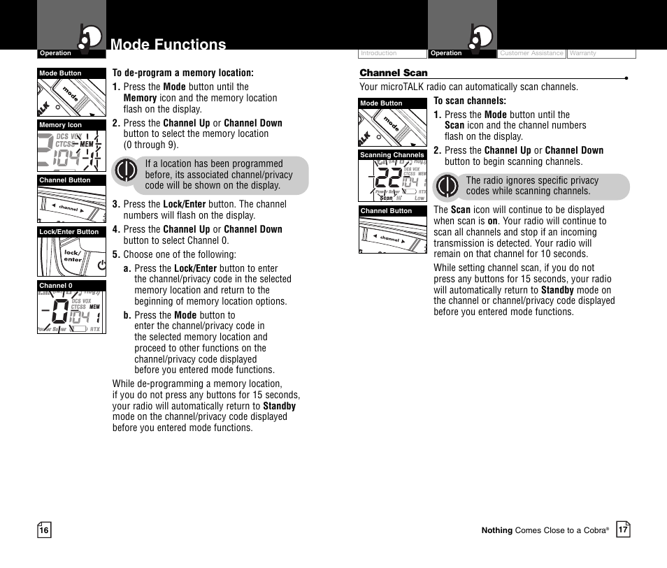 Mode functions | Cobra Electronics MICROTALK CXR700C User Manual | Page 11 / 18