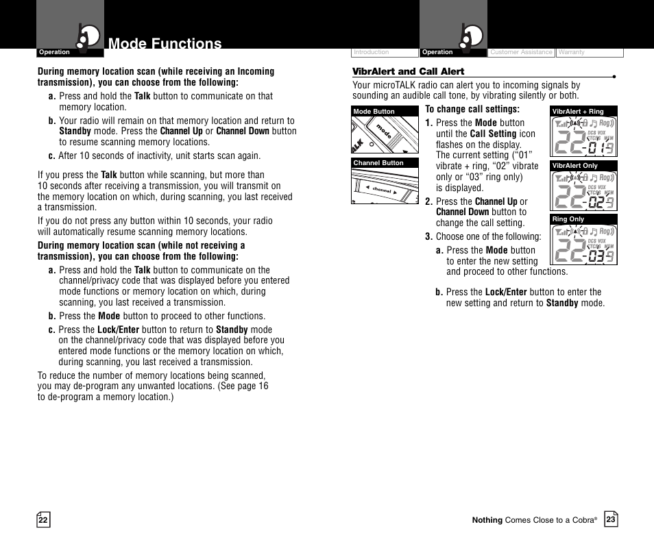 Mode functions | Cobra Electronics MICROTALK CXR700C User Manual | Page 14 / 18