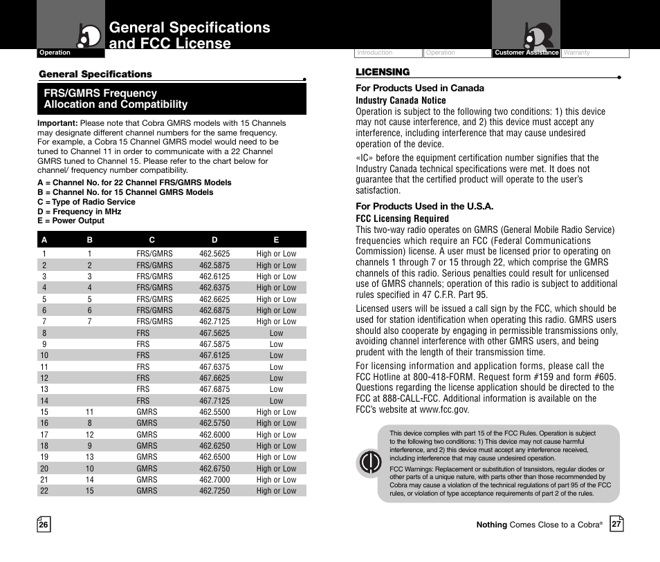 General specifications and fcc license, Frs/gmrs frequency allocation and compatibility | Cobra Electronics MICROTALK CXR700C User Manual | Page 16 / 18