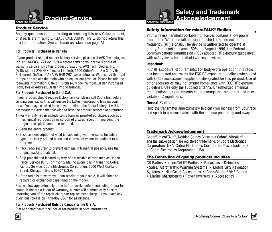 Safety and trademark acknowledgement, Product service | Cobra Electronics MICROTALK CXR700C User Manual | Page 17 / 18