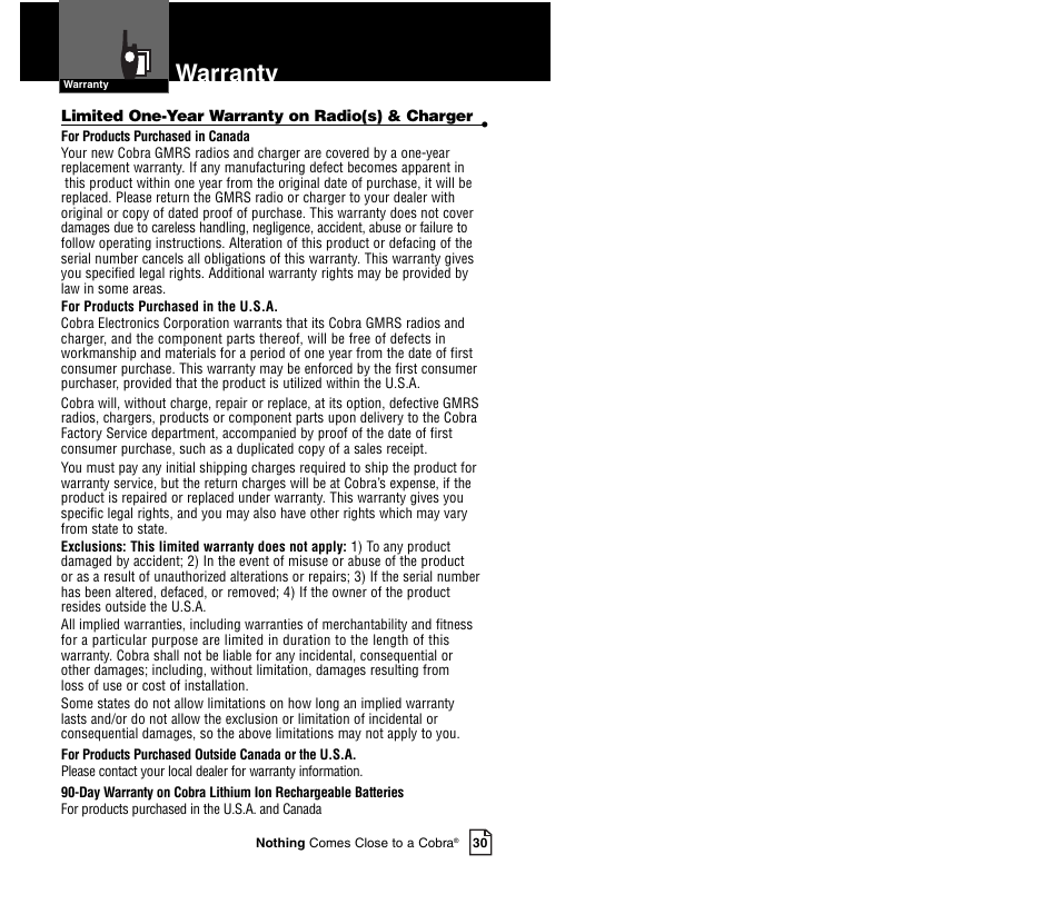 Warranty | Cobra Electronics MICROTALK CXR700C User Manual | Page 18 / 18