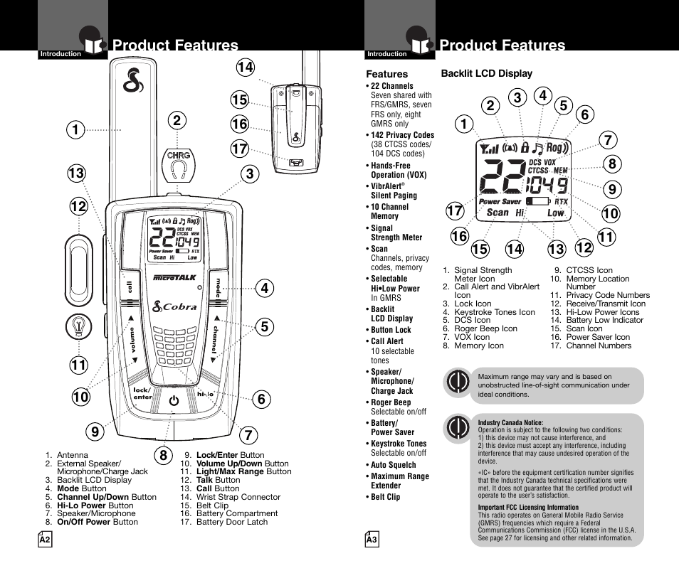 Product features | Cobra Electronics MICROTALK CXR700C User Manual | Page 2 / 18