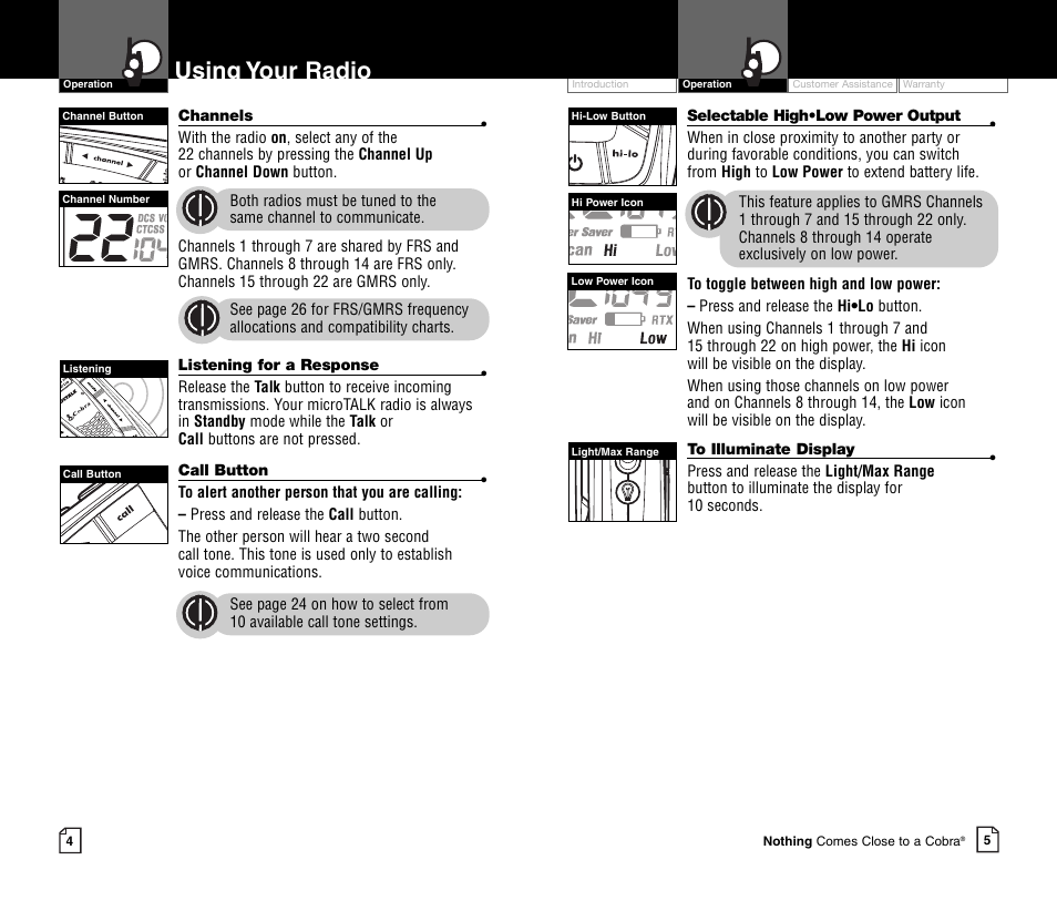 Using your radio | Cobra Electronics MICROTALK CXR700C User Manual | Page 5 / 18