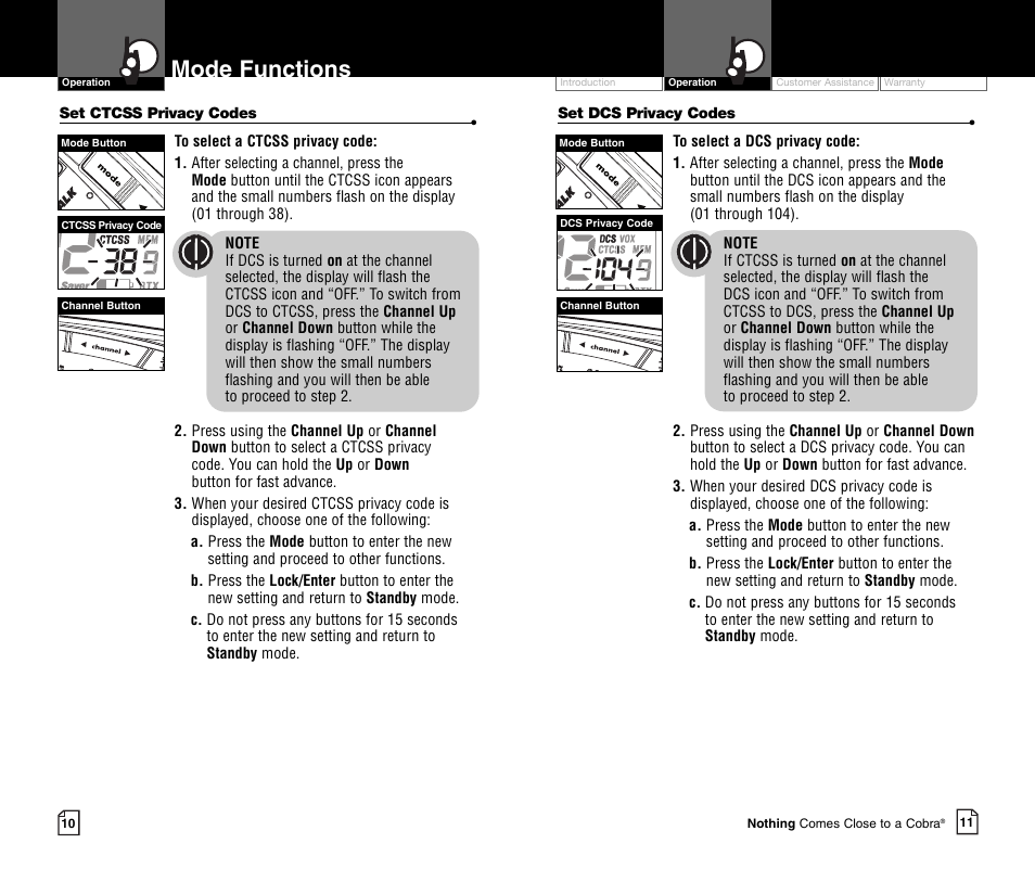 Mode functions | Cobra Electronics MICROTALK CXR700C User Manual | Page 8 / 18