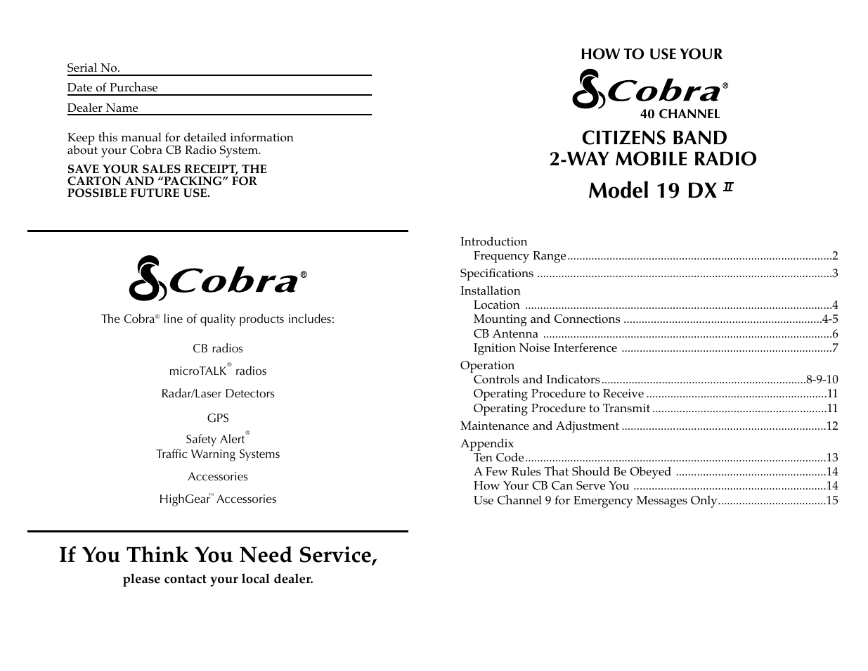 If you think you need service, Model 19 dx, Citizens band 2-way mobile radio | Cobra Electronics 19 DX II User Manual | Page 2 / 9