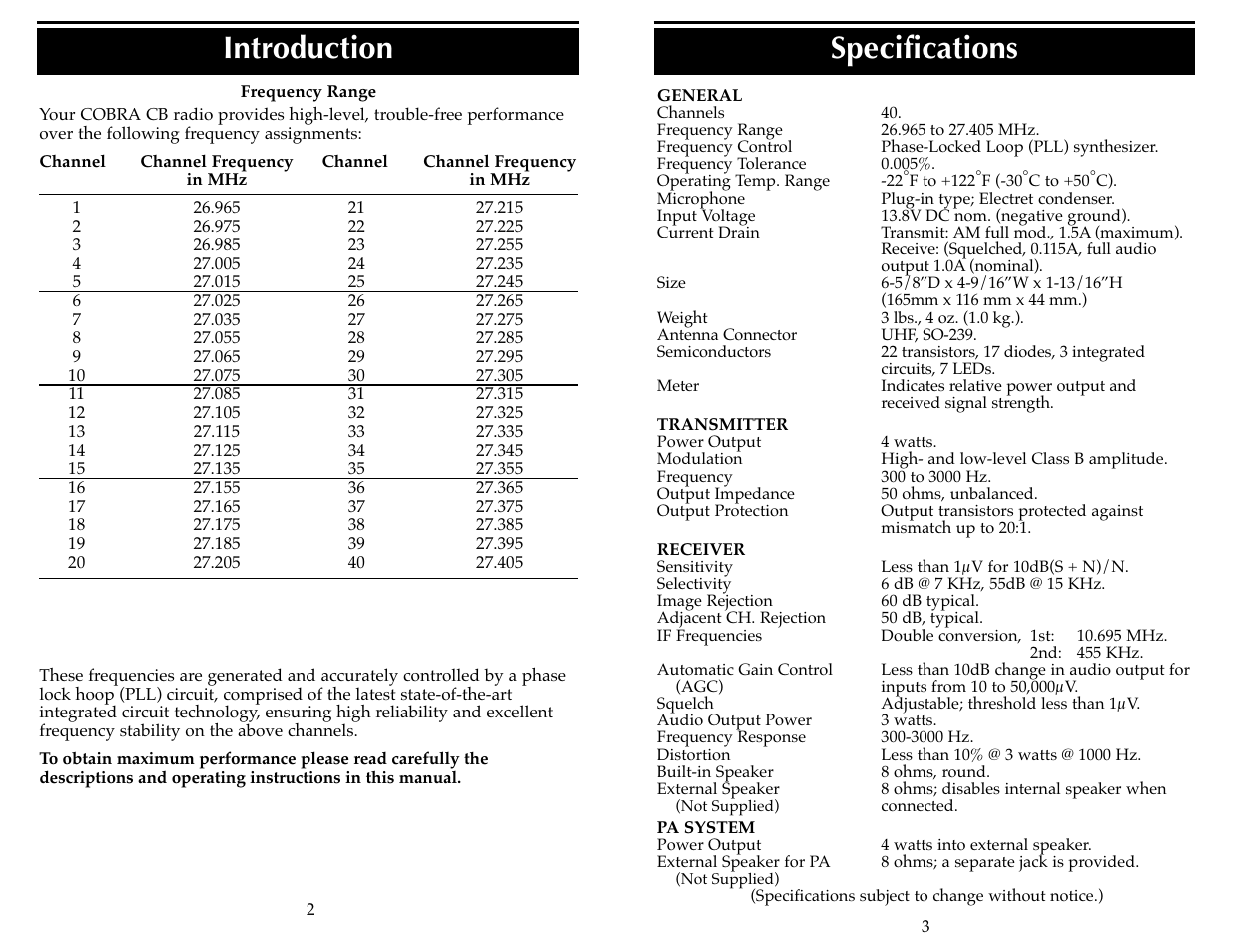 Introduction, Specifications | Cobra Electronics 19 DX II User Manual | Page 3 / 9