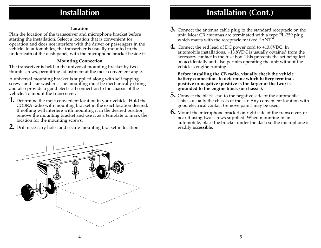 Installation, Installation (cont.) | Cobra Electronics 19 DX II User Manual | Page 4 / 9