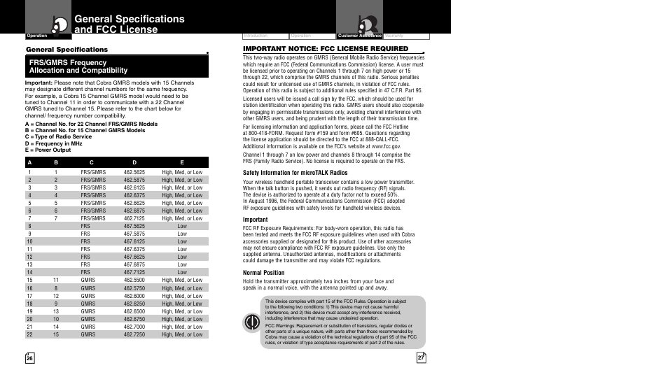 General specifications and fcc license | Cobra Electronics CXR850 User Manual | Page 16 / 17