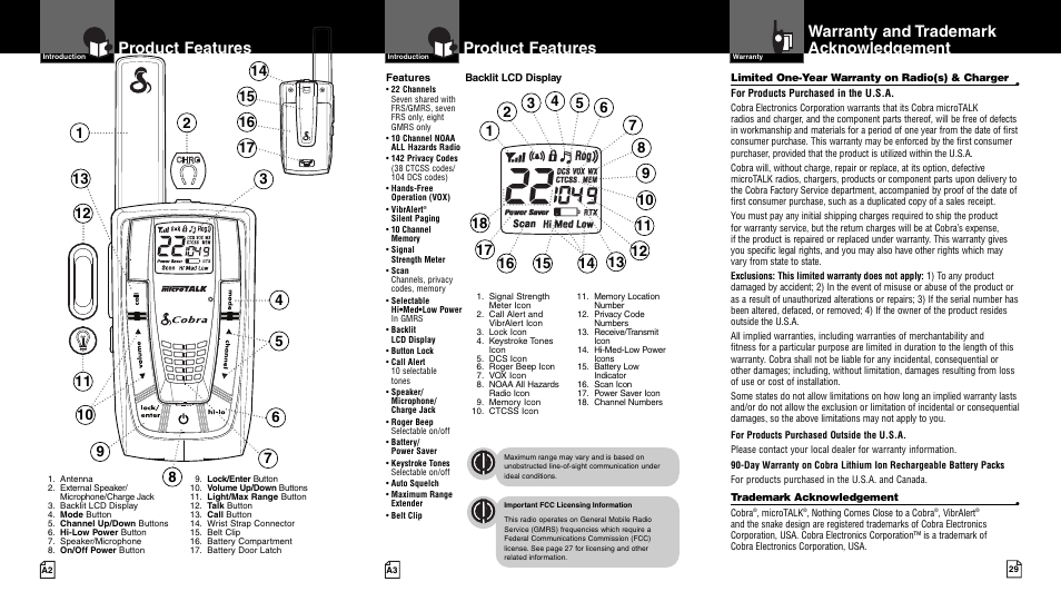 Product features, Warranty and trademark acknowledgement | Cobra Electronics CXR850 User Manual | Page 2 / 17