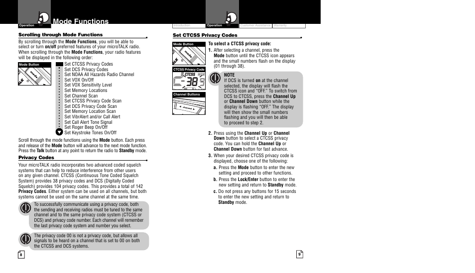 Mode functions | Cobra Electronics CXR850 User Manual | Page 7 / 17