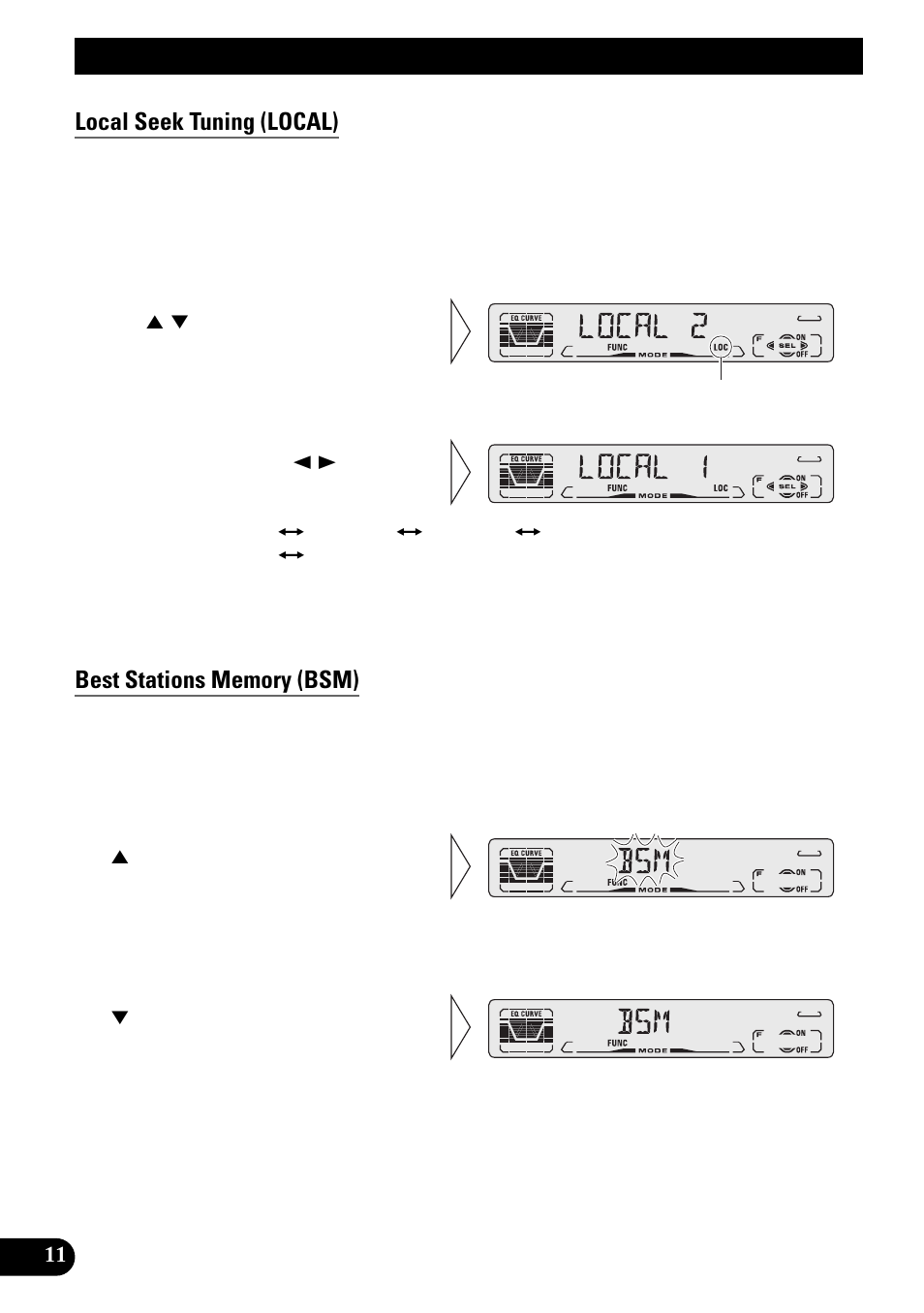 Tuner operation, Local seek tuning (local), Best stations memory (bsm) | Pioneer DEH-3110 User Manual | Page 12 / 52