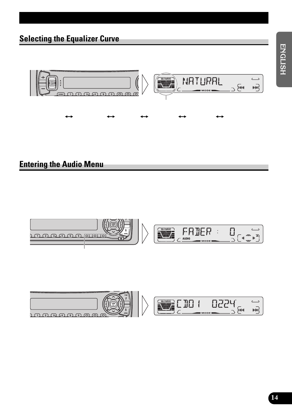 Audio adjustment, Selecting the equalizer curve, Entering the audio menu | Pioneer DEH-3110 User Manual | Page 15 / 52