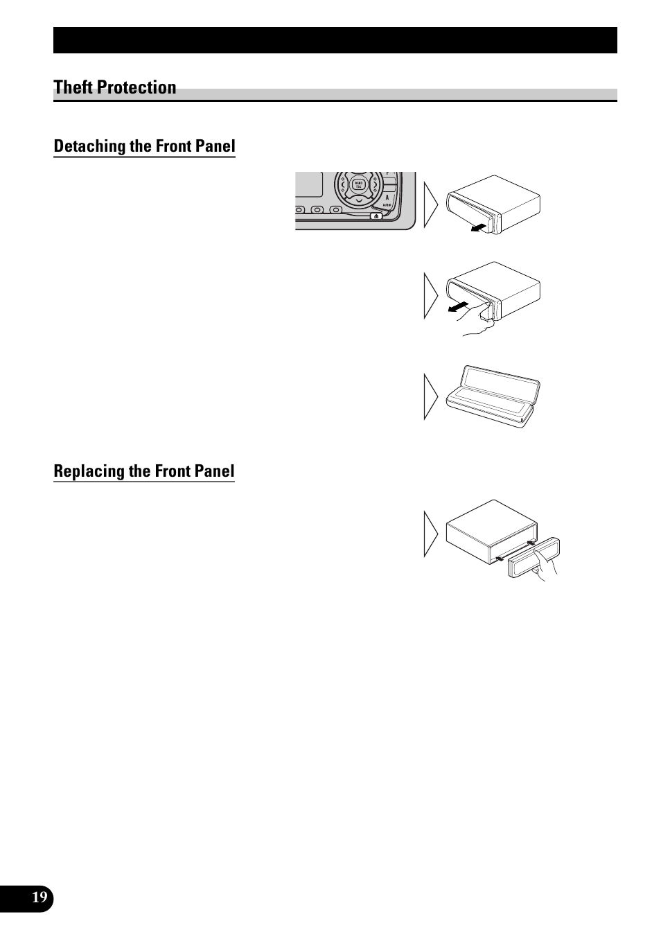 Detaching and replacing, The front panel, Theft protection | Detaching the front panel, Replacing the front panel, Detaching and replacing the front panel | Pioneer DEH-3110 User Manual | Page 20 / 52