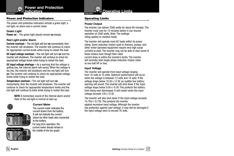 Power and protection indicators, Operating limits | Cobra Electronics CPI 2550 User Manual | Page 11 / 15