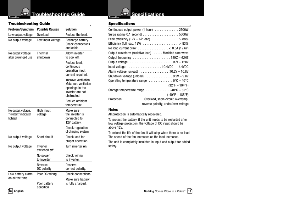 Specifications, Troubleshooting guide | Cobra Electronics CPI 2550 User Manual | Page 12 / 15