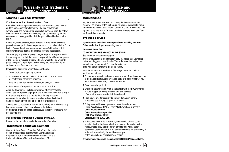 Maintenance and product service, Warranty and trademark acknowledgement | Cobra Electronics CPI 2550 User Manual | Page 13 / 15