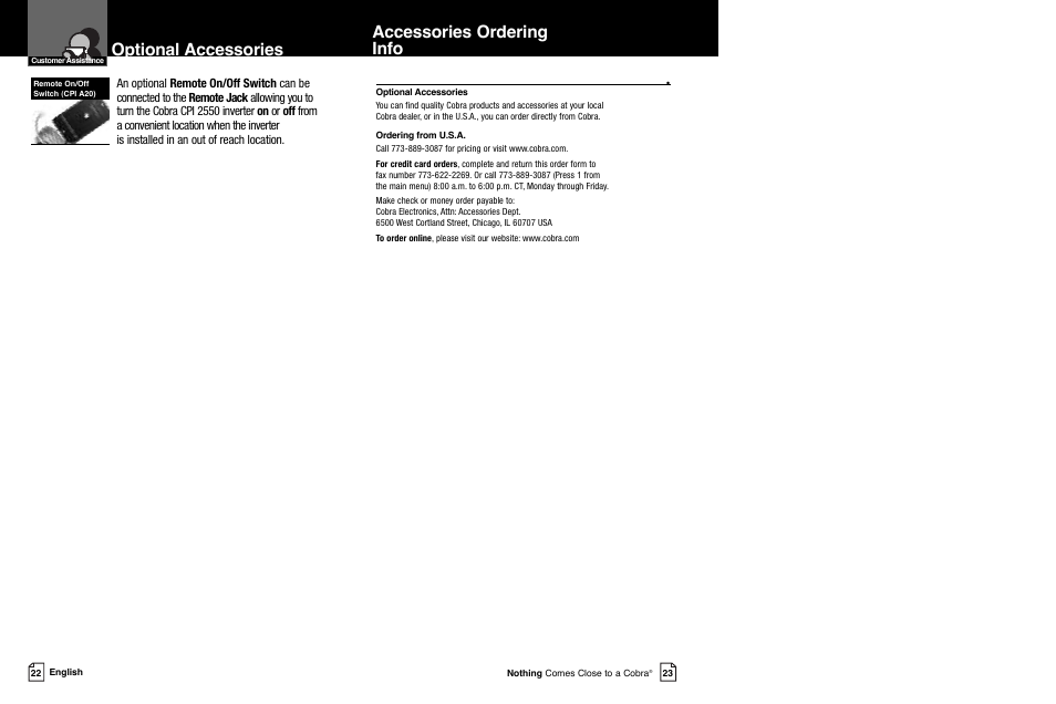 Optional accessories accessories ordering info | Cobra Electronics CPI 2550 User Manual | Page 14 / 15
