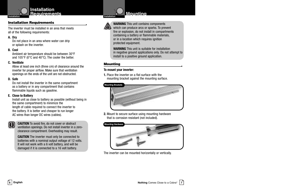 Mounting, Installation requirements | Cobra Electronics CPI 2550 User Manual | Page 6 / 15