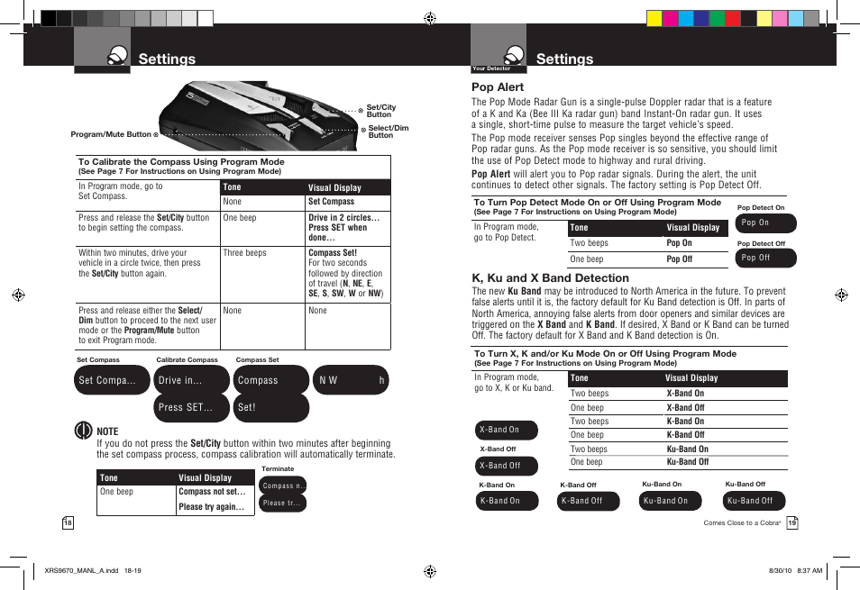 Settings, Pop alert, K, ku and x band detection | Cobra Electronics BAND XRS 9670 User Manual | Page 12 / 21