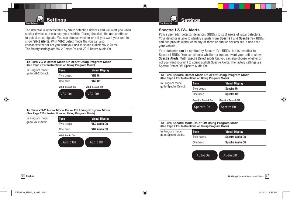 Settings, Spectre i & iv+ alerts | Cobra Electronics BAND XRS 9670 User Manual | Page 13 / 21