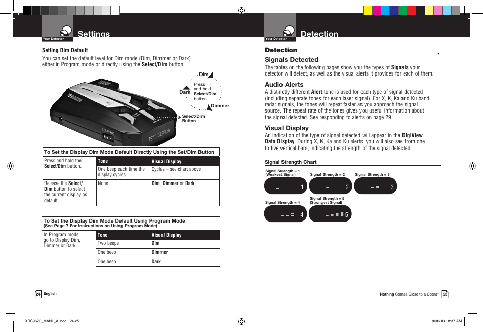 Detection, Settings | Cobra Electronics BAND XRS 9670 User Manual | Page 15 / 21