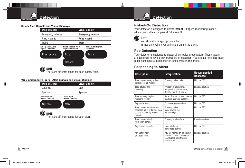 Detection, Instant-on detection, Pop detection | Responding to alerts | Cobra Electronics BAND XRS 9670 User Manual | Page 17 / 21