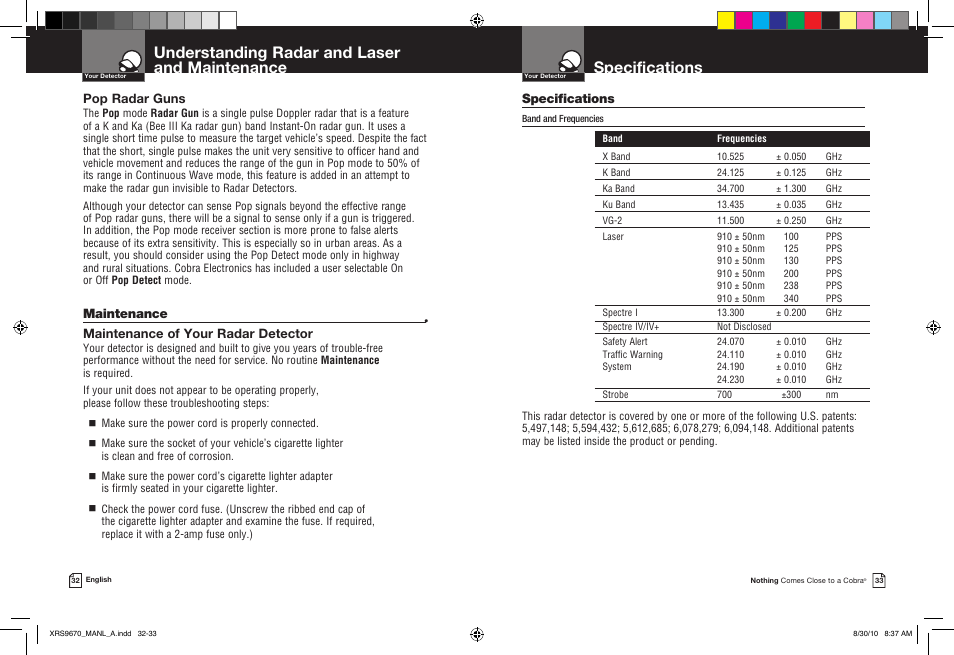 Specifications, Understanding radar and laser and maintenance, Pop radar guns | Maintenance, Maintenance of your radar detector | Cobra Electronics BAND XRS 9670 User Manual | Page 19 / 21