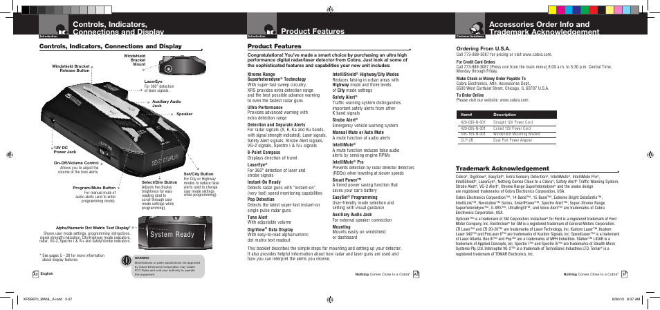 Product features, Controls, indicators, connections and display, System ready | Trademark acknowledgement | Cobra Electronics BAND XRS 9670 User Manual | Page 2 / 21