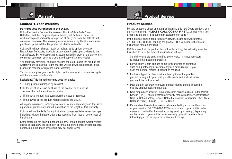 Product service, Warranty | Cobra Electronics BAND XRS 9670 User Manual | Page 20 / 21