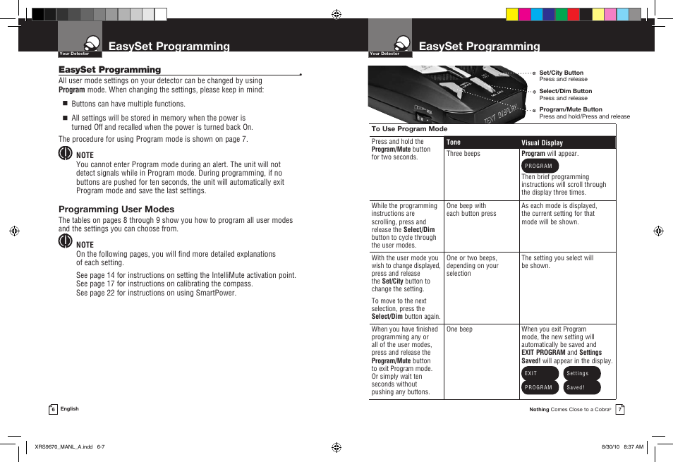Easyset programming, Programming user modes | Cobra Electronics BAND XRS 9670 User Manual | Page 6 / 21